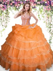 Sweetheart Sleeveless 15th Birthday Dress Floor Length Beading and Ruffled Layers and Pick Ups Orange Organza