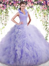 High-neck Sleeveless Backless Quinceanera Dress Lavender Tulle