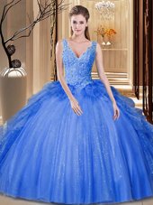 Fine Royal Blue Tulle Backless Ball Gown Prom Dress Sleeveless Floor Length Sequins and Pick Ups