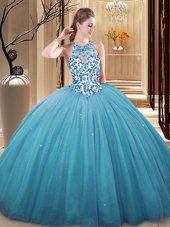 Noble Tulle Sleeveless Floor Length Quinceanera Dresses and Lace and Appliques