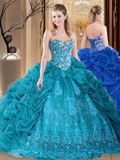 Deluxe Embroidery and Pick Ups Sweet 16 Dresses Teal Lace Up Sleeveless Floor Length