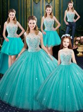 Floor Length Lace Up Quinceanera Dress Aqua Blue and In for Military Ball and Sweet 16 and Quinceanera with Lace