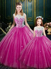 Sleeveless Tulle Floor Length Lace Up Quinceanera Gowns in Hot Pink for with Lace
