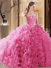 Wonderful Rose Pink Fabric With Rolling Flowers Lace Up Quinceanera Gown Sleeveless Floor Length Embroidery and Ruffles and Pick Ups