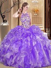 Vintage Scoop Backless Floor Length Lavender 15th Birthday Dress Organza Sleeveless Embroidery and Ruffles