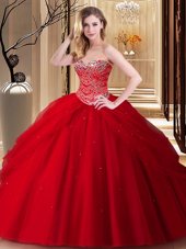 Red Lace Up Sweet 16 Quinceanera Dress Beading Sleeveless Floor Length