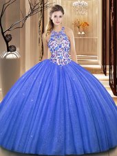 Blue Sweet 16 Dresses Military Ball and Sweet 16 and Quinceanera and For with Lace and Appliques High-neck Sleeveless Lace Up