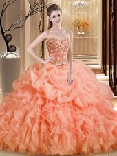 Best Sweetheart Sleeveless Brush Train Lace Up Sweet 16 Dresses Orange Organza