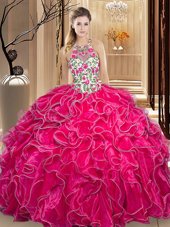 Captivating Scoop Backless Organza Sleeveless Floor Length Sweet 16 Quinceanera Dress and Embroidery and Ruffles