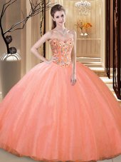 Admirable Floor Length Lace Up Quince Ball Gowns Peach and In for Prom and Military Ball and Sweet 16 and Quinceanera with Embroidery