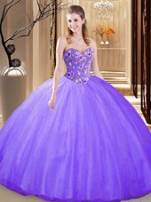 Luxurious Lavender Sleeveless Floor Length Embroidery Lace Up Sweet 16 Dress