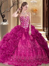Sweet Fuchsia Lace Up Quinceanera Dress Embroidery and Pick Ups Sleeveless Court Train