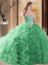Sophisticated Turquoise Sleeveless Fabric With Rolling Flowers Court Train Lace Up Ball Gown Prom Dress for Prom and Military Ball and Sweet 16 and Quinceanera