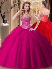 Fuchsia Sleeveless Floor Length Beading Lace Up Sweet 16 Dresses