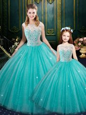 Turquoise Zipper High-neck Lace 15th Birthday Dress Tulle Sleeveless