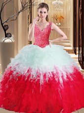 Lace and Appliques and Ruffles Quinceanera Dress White And Red Zipper Sleeveless Floor Length