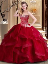 Glamorous Wine Red Sleeveless Beading and Ruffles Floor Length Quinceanera Dress
