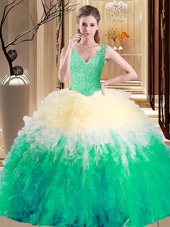 Sleeveless Floor Length Lace and Appliques and Ruffles Zipper Sweet 16 Dress with Multi-color