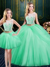 Three Piece Apple Green Quinceanera Gowns Military Ball and Sweet 16 and Quinceanera and For with Lace and Pick Ups Scoop Sleeveless Lace Up