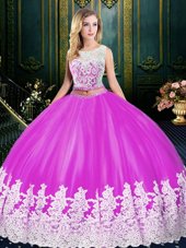 Lovely Fuchsia Tulle Zipper Scoop Sleeveless Floor Length Quinceanera Dresses Lace and Appliques
