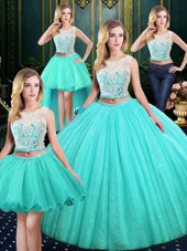 Four Piece Scoop Sequins Blue Sleeveless Tulle and Sequined Lace Up Sweet 16 Quinceanera Dress for Military Ball and Sweet 16 and Quinceanera