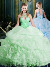 Hot Selling Halter Top Sweet 16 Dresses Organza Brush Train Sleeveless Beading and Lace and Appliques and Ruffles and Pick Ups