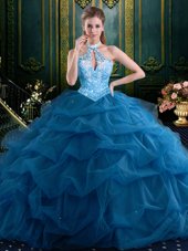 Halter Top Navy Blue Ball Gowns Beading and Pick Ups Quinceanera Dress Lace Up Tulle Sleeveless Floor Length