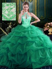 Flirting Halter Top Organza and Tulle Sleeveless Floor Length Sweet 16 Quinceanera Dress and Beading and Ruffles and Pick Ups
