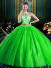 Pretty Halter Top Sleeveless Beading and Lace and Appliques Lace Up Ball Gown Prom Dress