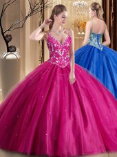 Tulle Sleeveless Floor Length 15 Quinceanera Dress and Beading and Appliques
