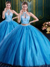 Beading and Appliques Quinceanera Dresses Baby Blue Lace Up Sleeveless Floor Length