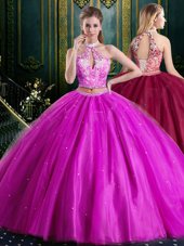 High Class Halter Top Fuchsia Sleeveless Tulle Lace Up Sweet 16 Dress for Military Ball and Sweet 16 and Quinceanera