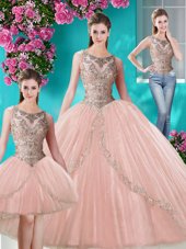Modern Three Piece Scoop Floor Length Ball Gowns Sleeveless Peach Ball Gown Prom Dress Lace Up