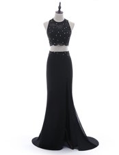 Chiffon Scoop Sleeveless Brush Train Side Zipper Beading and Lace Prom Dresses in Black