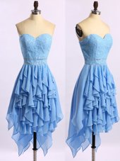 Custom Made Asymmetrical Zipper Homecoming Dress Blue and In for Prom and Party with Beading and Ruffles