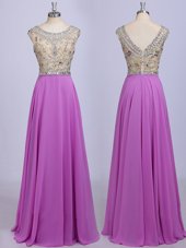 Artistic Scoop Floor Length Lilac Homecoming Dress Chiffon Sleeveless Beading