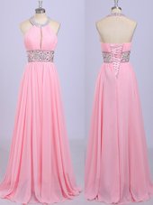Best Rose Pink Chiffon Zipper Halter Top Sleeveless Floor Length Prom Dresses Beading and Belt
