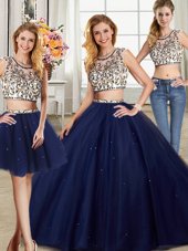 Hot Sale Three Piece Scoop Navy Blue Tulle Backless Sweet 16 Dress Cap Sleeves With Brush Train Beading