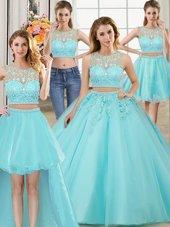 Four Piece Scoop Aqua Blue Ball Gowns Beading and Appliques Quinceanera Dress Zipper Tulle Sleeveless Floor Length