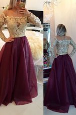Burgundy A-line Organza Scoop Long Sleeves Beading and Appliques Floor Length Zipper Homecoming Dress