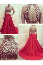 Red Sleeveless Elastic Woven Satin Court Train Backless for Prom and Party