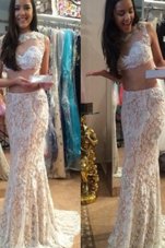 Decent White Mermaid Scoop Sleeveless Lace With Brush Train Zipper Beading Prom Party Dress