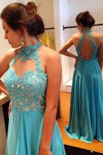 On Sale Scoop Blue Chiffon Backless Formal Dresses Sleeveless Sweep Train Beading and Appliques