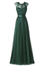 Wonderful Dark Green A-line Tulle Scoop Cap Sleeves Beading and Pleated Floor Length Zipper Prom Dress