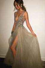 Dramatic Champagne Backless Going Out Dresses Beading Sleeveless Sweep Train
