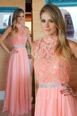 Pink Sleeveless Beading and Lace Floor Length Womens Evening Dresses
