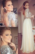 Scoop Floor Length Champagne Dress for Prom Organza and Sequined Long Sleeves Sequins