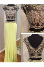 Glittering Scoop Sleeveless Floor Length Beading Zipper Prom Gown with Yellow Green