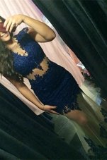 Mermaid Scoop Navy Blue Cap Sleeves Tulle Sweep Train Zipper Prom Evening Gown for Prom
