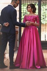 Off the Shoulder Fuchsia Satin Zipper Prom Homecoming Dress Long Sleeves Sweep Train Appliques